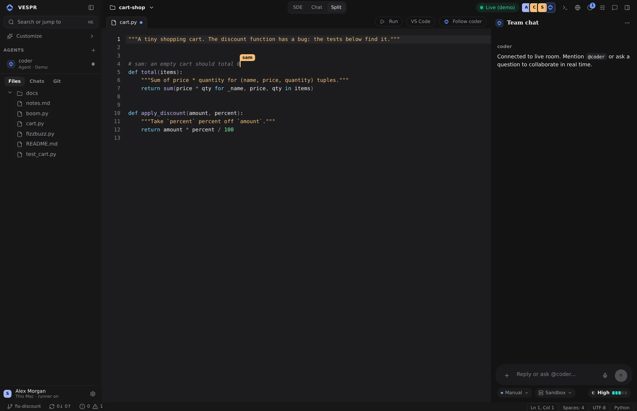 The VESPR workspace: cart.py open in the editor, a named cursor labeled sam on line 4, the agent coder in the sidebar and the team chat on the right.